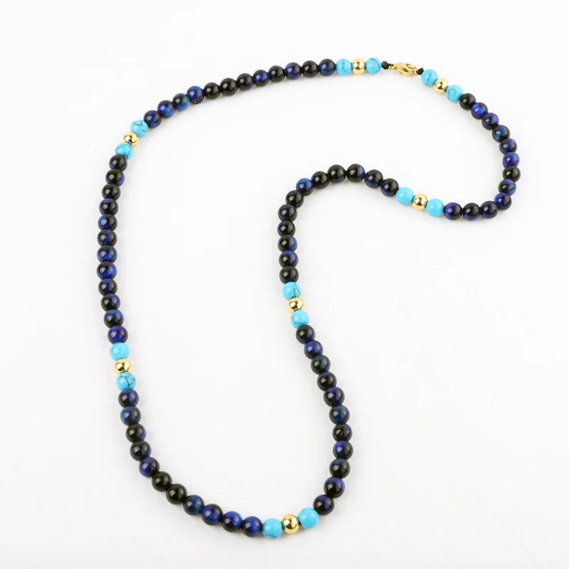 New Design 22inches High Quality 6mm Natural Stone Blue Tiger Eye Turquoise Stainless Steel Beads Men Choker Necklace
