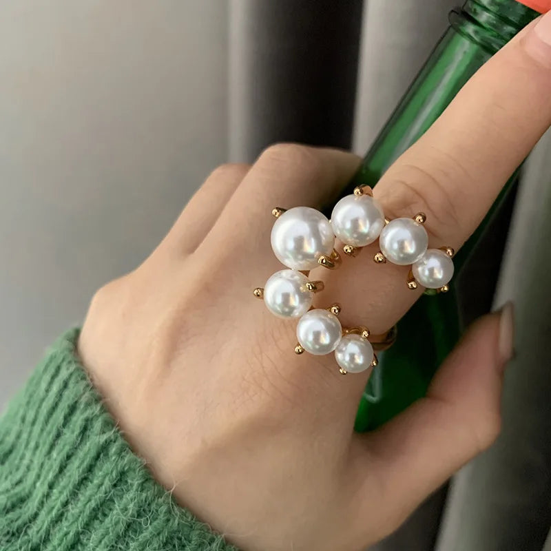 HOVANCI Exaggerate 18K Real Gold Plated Pearl Rings Adjustable Statement Freshwater Pearls Open Rings for Women Jewelry