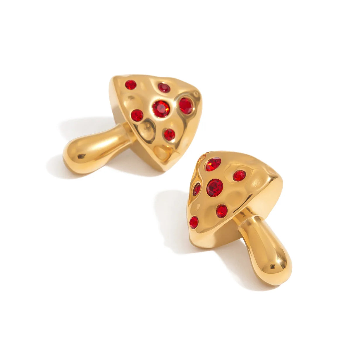 Sweet Romantic 18K Gold Stainless Steel Earrings with Red Zircon Trendy Mushroom Stud Design for Vacation Bezel Setting Inlay