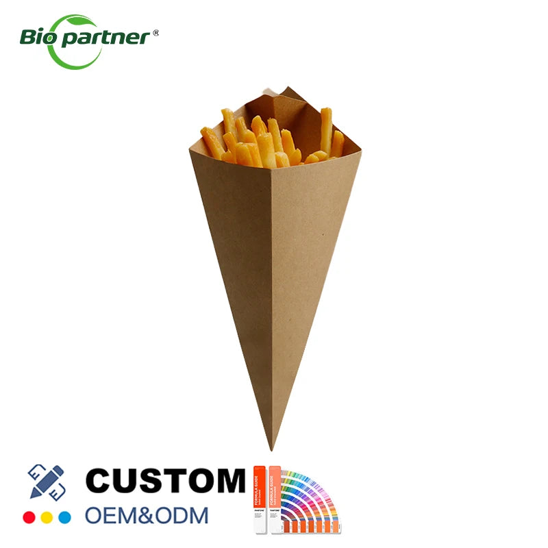 Hot Food Take Away Kraft Paper French Fries Crepe Cones Holder with Dipping Sauce Compartment UV Coated Folders Style