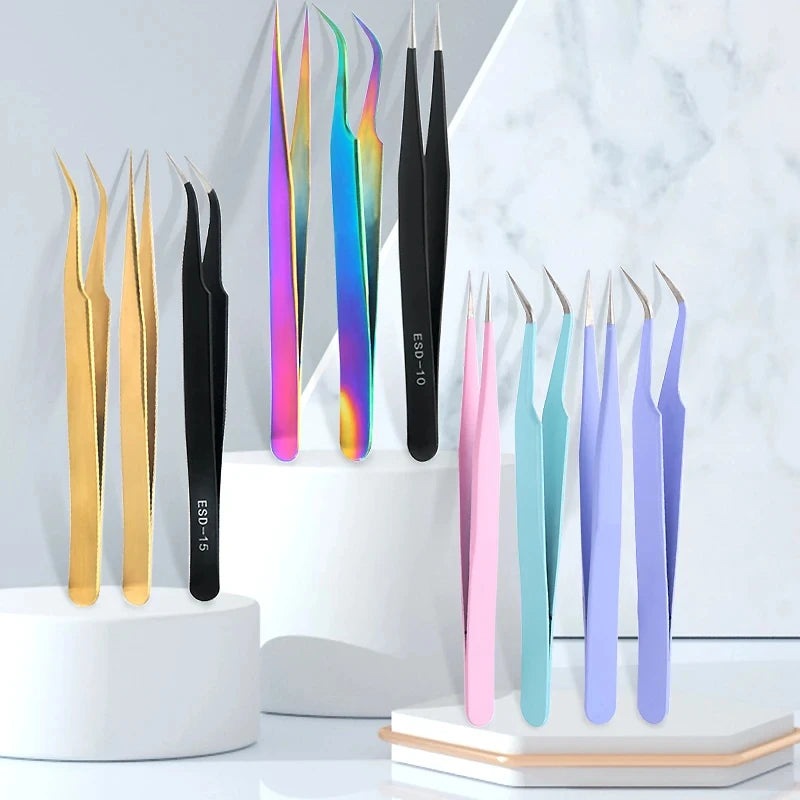 Qiao Multi Color Stainless Steel Eyelash Straight ACurved TipTweezer Custom Ability Extension Tweezers Set