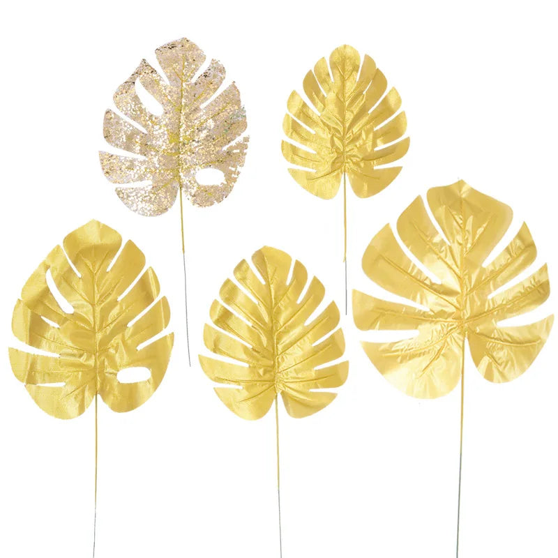 O235 Hot Sale Wedding Decor Golden Artificial Tropical Leaves Turtle Palm Monster Leaf Gold Artificial Monstera Deliciosa Plant