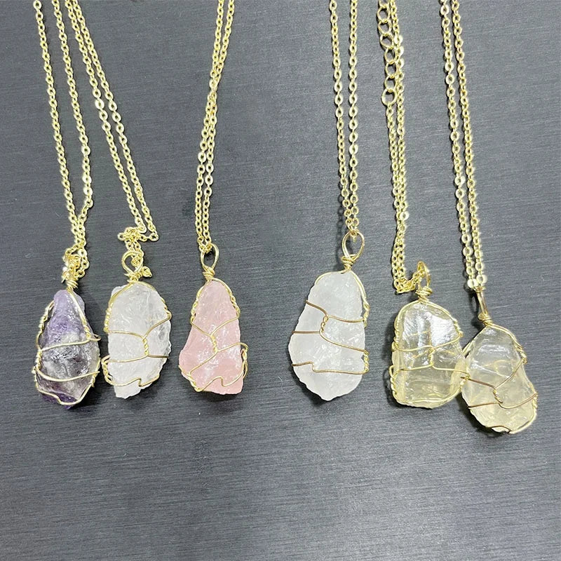 Fashion Irregular Natural Stone Crystal Rose Pendant Necklaces Jewelry Sweater Chain Necklace