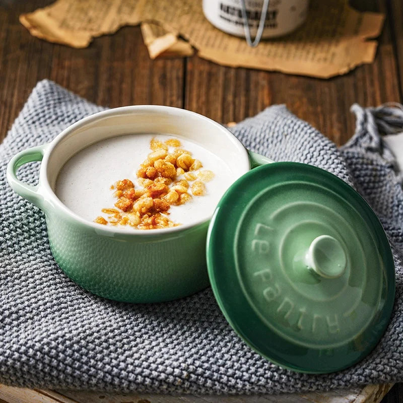 Ceramic Baby Food Bowl With Ear And Cover Round Shape Baking Bowl Steamed Egg Custard Stew Bowl Bakeware Set