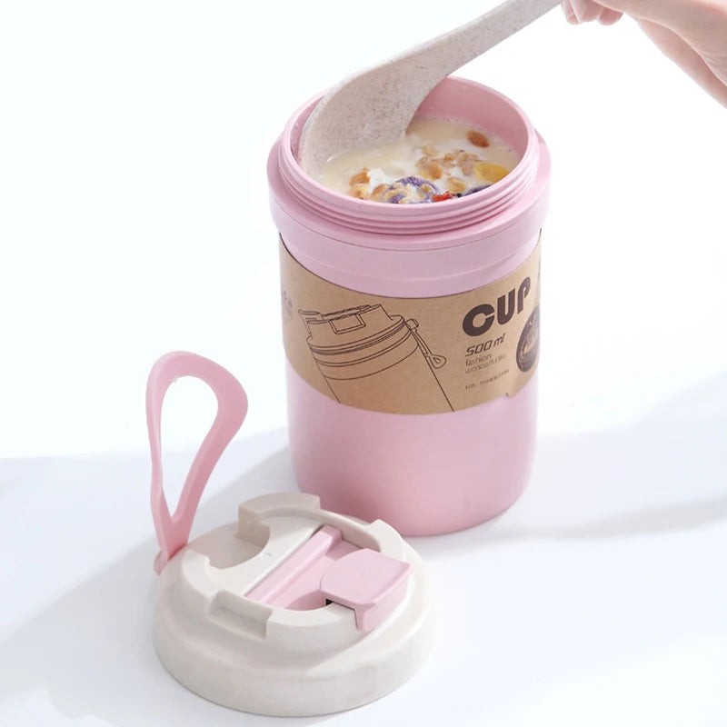 Microwave Safe Biodegradable Wheat Straw Thermos Double Wall Soup Baby Kids Coffee Cups Lunch Box Food Container Jar with Spoon