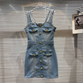 OUDINA Fashion New Zipper Stitching Short Off-Shoulder Wash Jean Dresses Casual Denim Dress Women