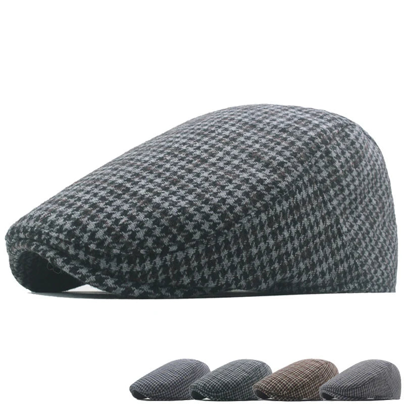 Wool Tweed Checked Herringbone Beret Hats Men Fall Winter Plaid Flat Gatsby Hat Outdoor Warm Flat Top Ivy Cap