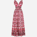 Summer Women's French Vintage Lace up Suspended Dress Slim Waist Large Swing Floral Long Dress
