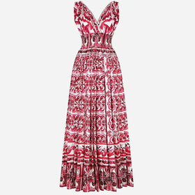 Summer Women's French Vintage Lace up Suspended Dress Slim Waist Large Swing Floral Long Dress