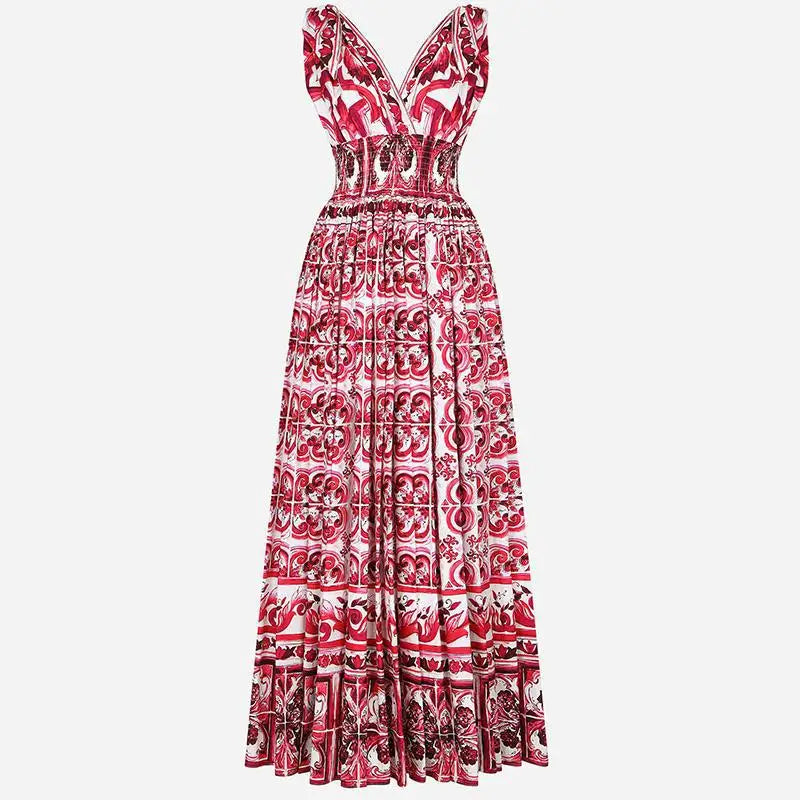 Summer Women's French Vintage Lace up Suspended Dress Slim Waist Large Swing Floral Long Dress