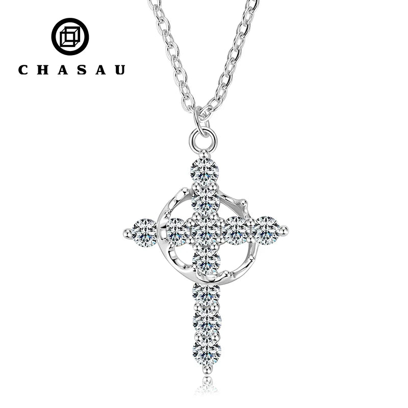 Crown Cross Pendant 925 Silver Round Yellow & White Moissanite Drop Pendant Girls Gifts Jewelry with Certificate
