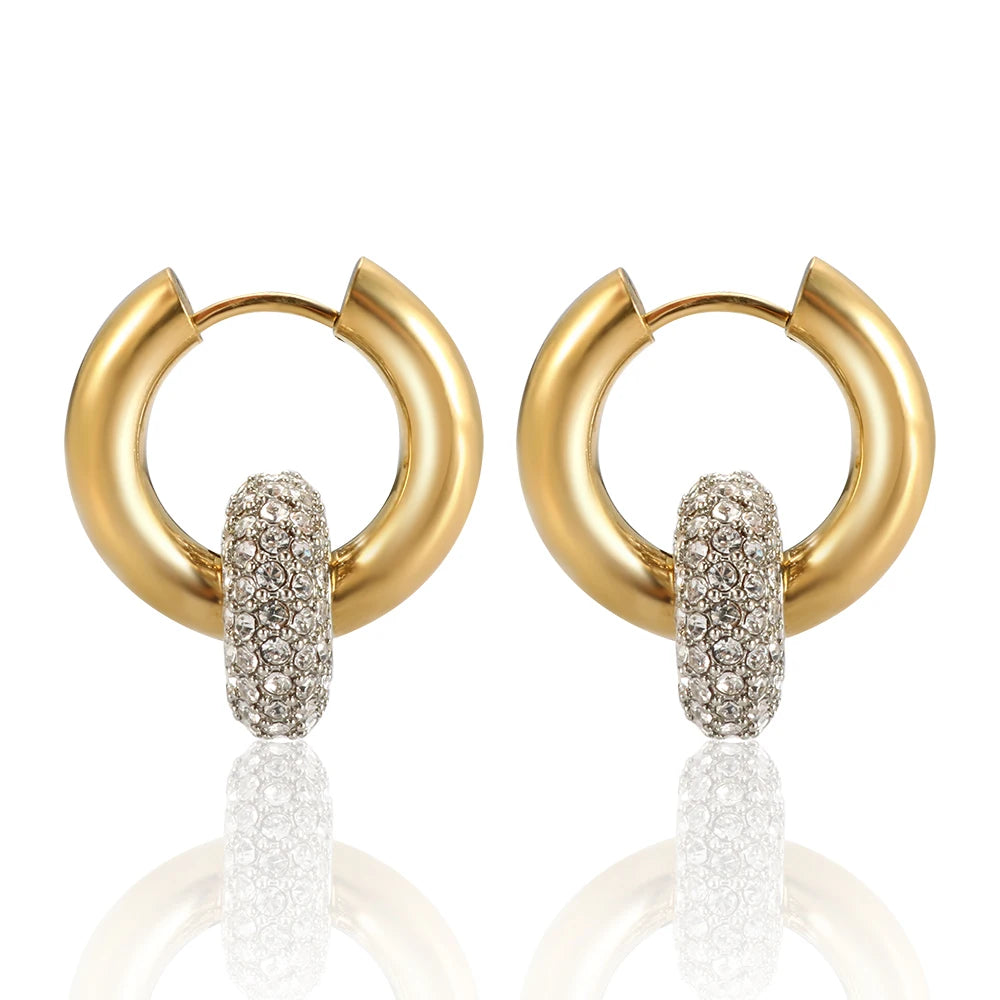 Ins New Trend Vintage 18k Gold Plated Stainless Steel Jewelry Gift Waterproof Hoop Earrings Round Zircon Earring for Women