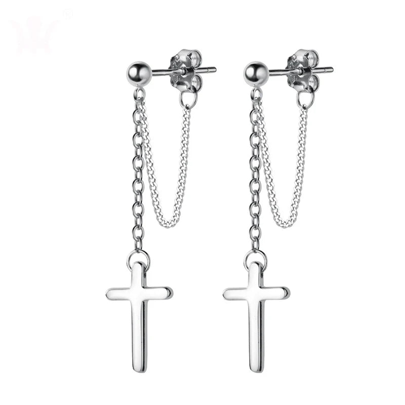 WME4045 Cross Tassel Chain  Dangle Drop Earrings for Men Women Girls Silver Jewelry 925 Sterling Personalized Fashion