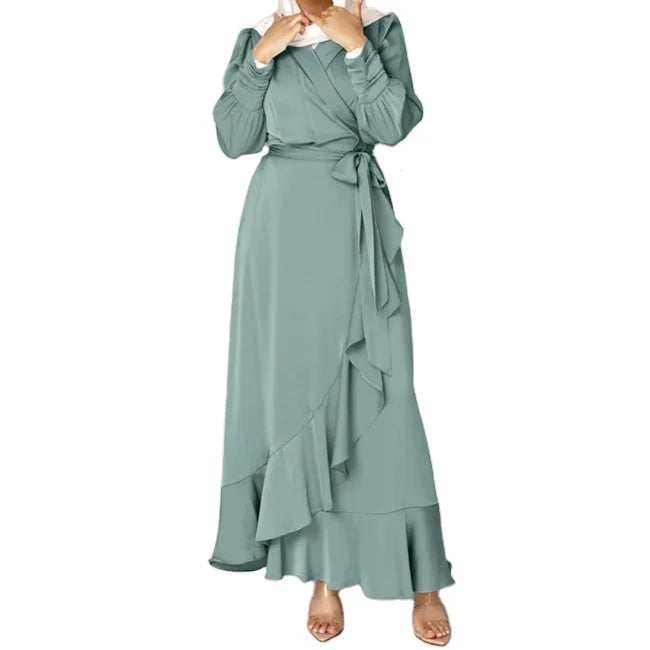 Wholesale Elegant African Islam Dubai Turkey Muslim Women Satin Hijab Abaya Long Sleeve Ruffles Silk Modest Dress