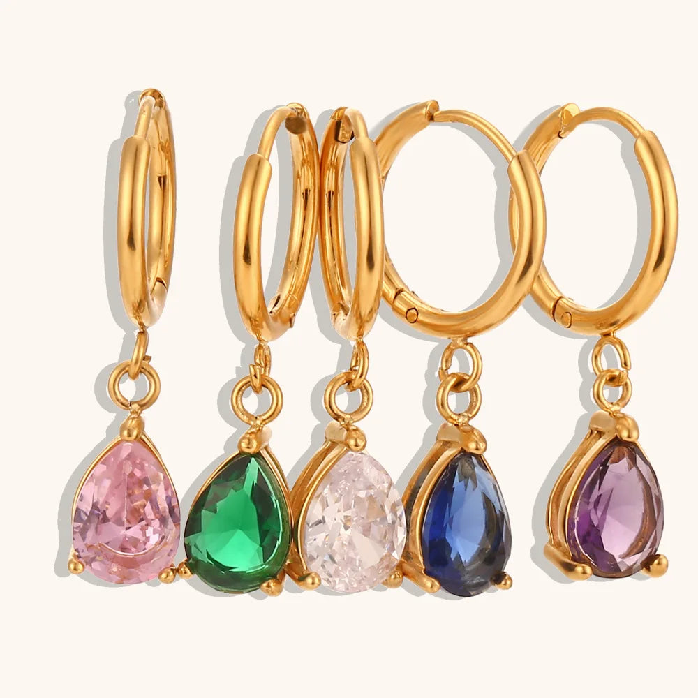 Stainless Steel 18K Gold Plated Cubic Zircon Charm Gold Colorful Zircon Pendant Huggie Water Drop Earrings