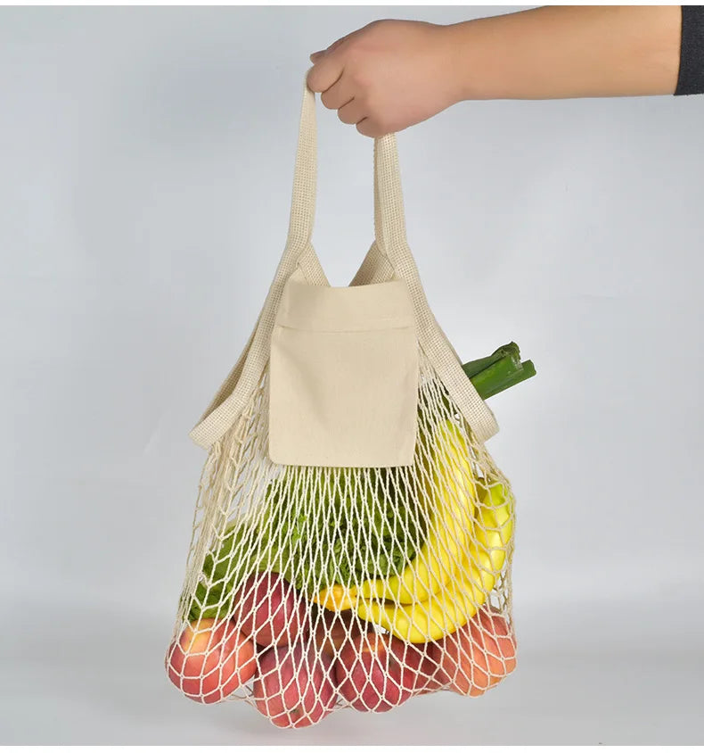 Portable Reusable Cotton String Net Storage Bag Washable Grocery Pouch for Fruit Vegetables and Shopping Use