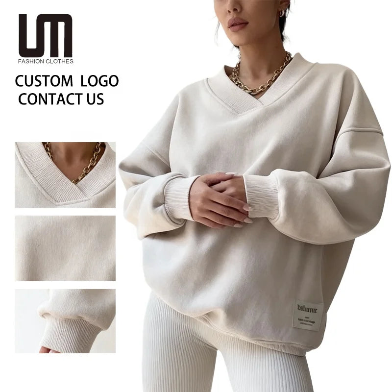 OEM Service Custom Logo Wholesale Streetwear Women Casual Long Sleeve Fall Clothes V Neck Loose Sweatshirts