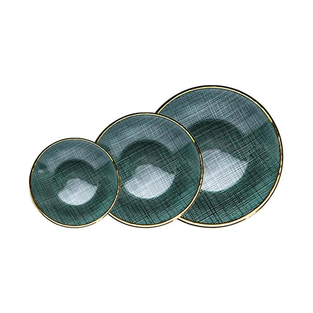 Retro Food Fruit Cake Dessert Hotel Grid Grain Dinnerware Glass Dinner Plate Wedding Glass Serving Plate Gold Rim Charger Plate