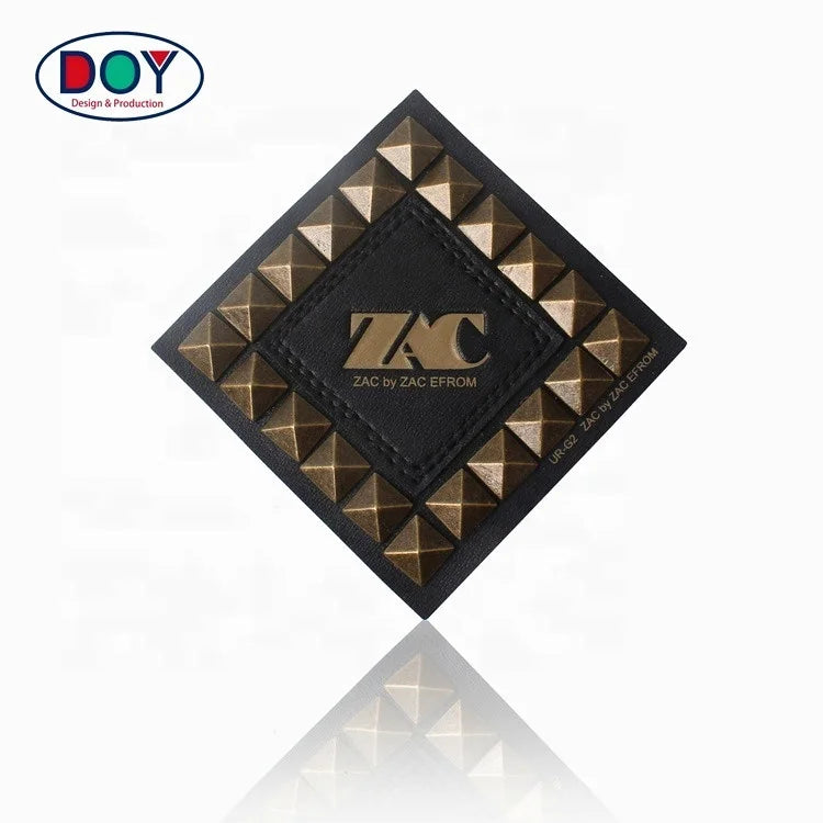 Embossed Painted Custom 3D Debossed Logo PU Leather Jeans Patches Labels With Copper Metal Studs