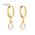 Ason Fashion Lady Women Jewelry Design Stainless Steel 18k Gold Plated Drop Earrings White Oval Opal Pendant Charm Hoop Earrings