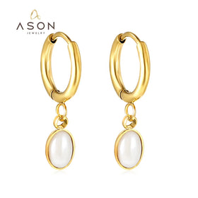 Ason Fashion Lady Women Jewelry Design Stainless Steel 18k Gold Plated Drop Earrings White Oval Opal Pendant Charm Hoop Earrings