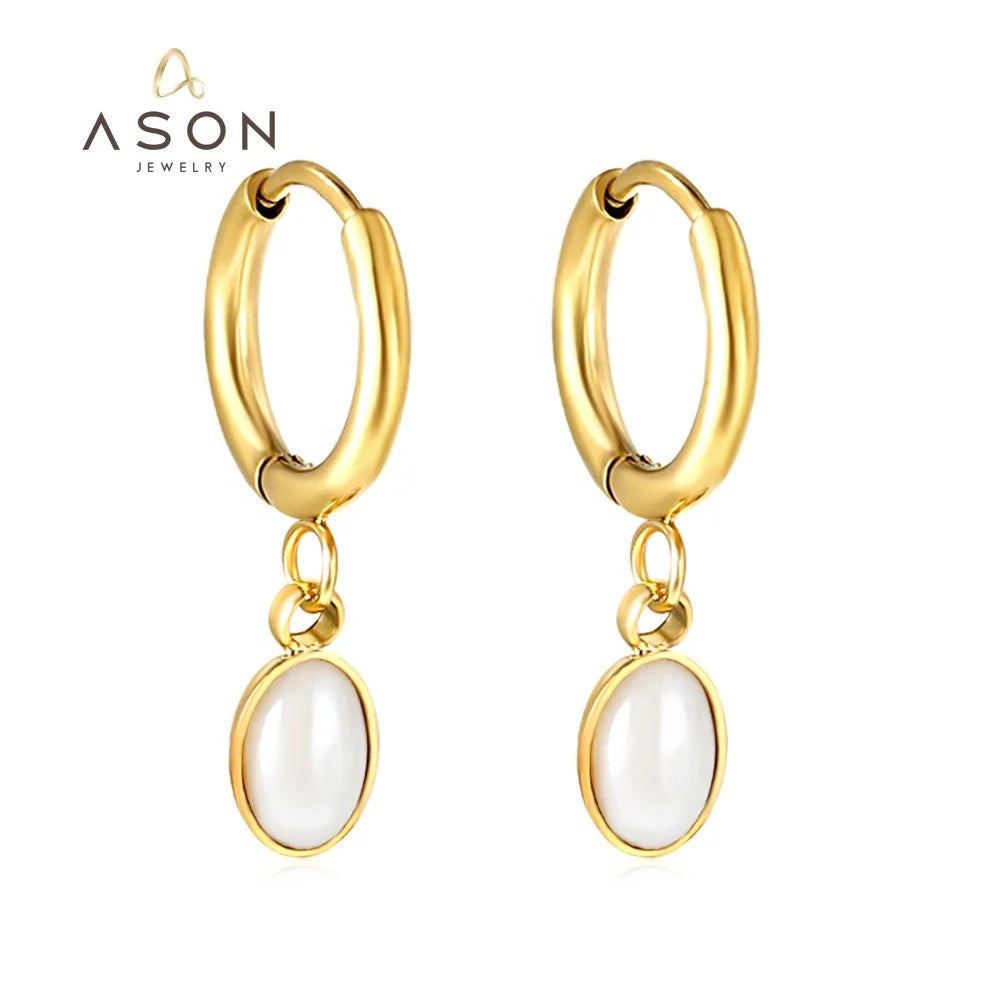 Ason Fashion Lady Women Jewelry Design Stainless Steel 18k Gold Plated Drop Earrings White Oval Opal Pendant Charm Hoop Earrings