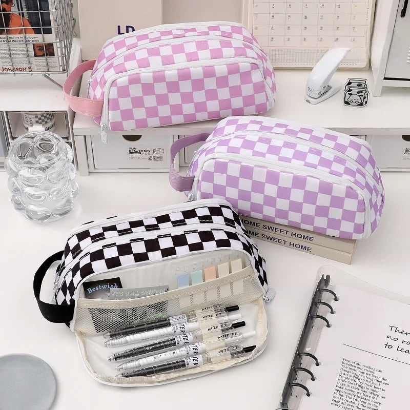 School Cartoon Cute Checkerboard Grid Design Zipper Canvas Pencil case for Student