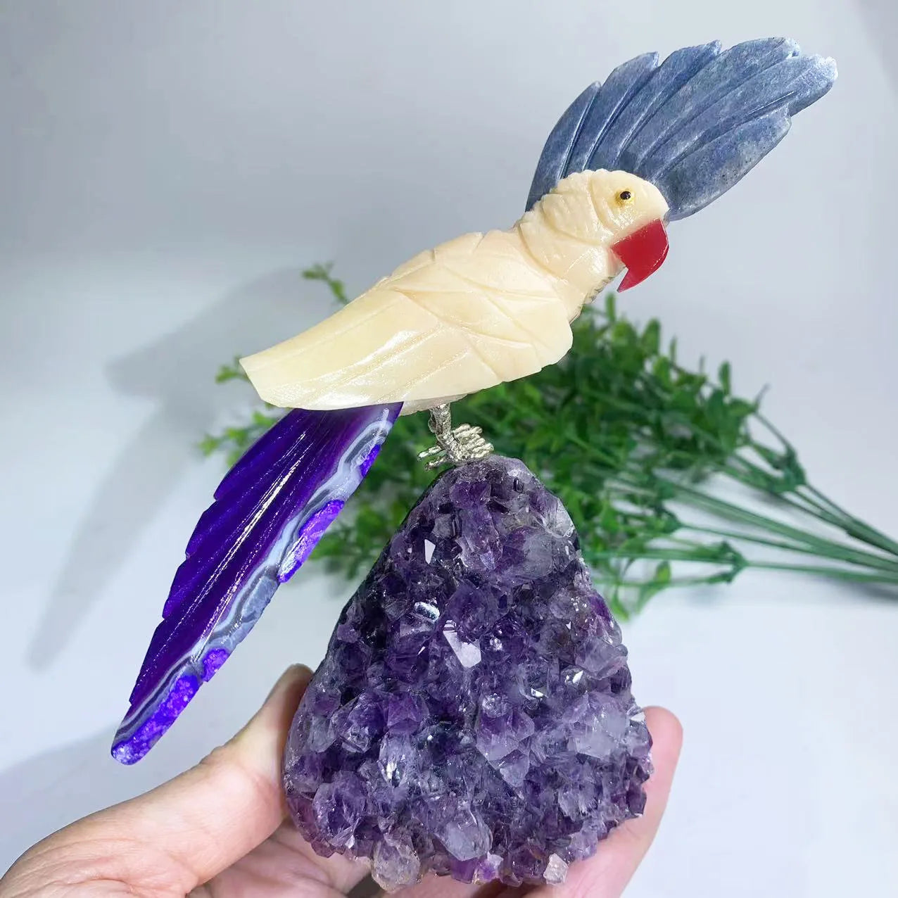 New Arrival Nature Dark Purple Amethyst Crystal Cluster With Birds Carvings  Ornament for Gift