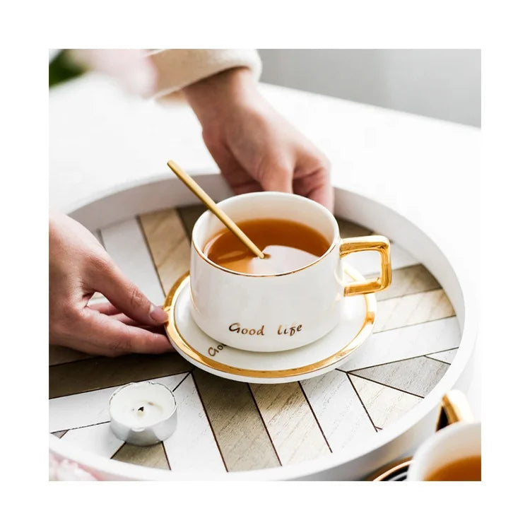 Outline in Gold Ceramic Coffee Cup and Saucer Set Nordic Luxury White Black Coffee Cups and Saucers