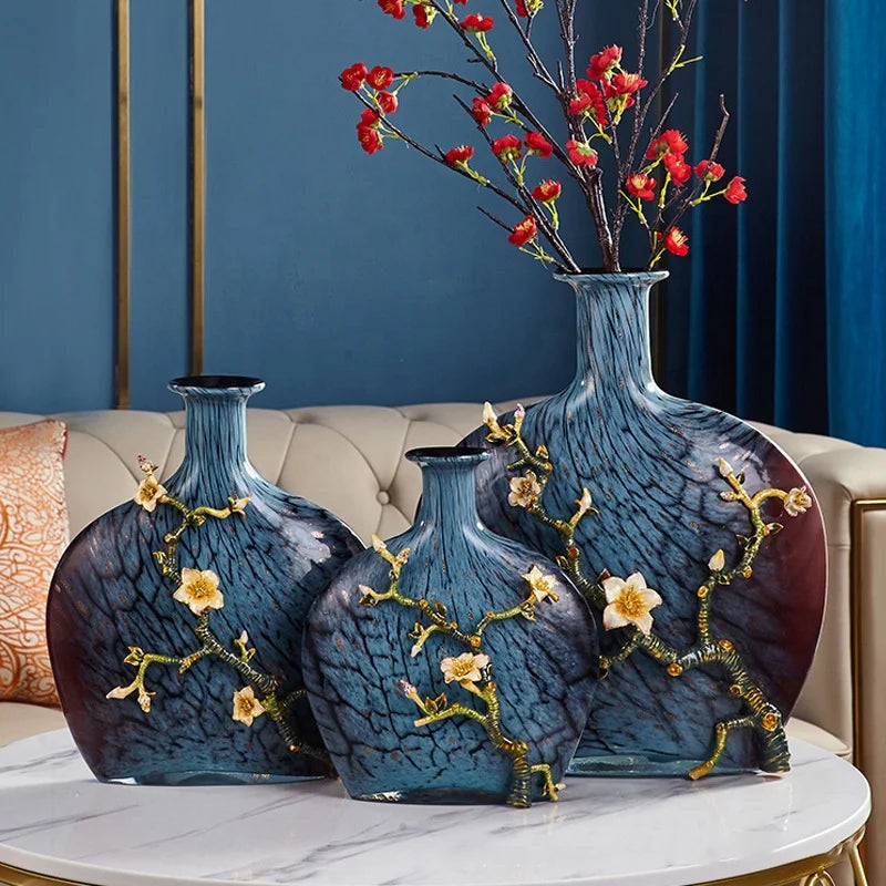Nordic Style Glass Flower Vase Set Desktop Home Decoration Modern Art Hand-painted Enamel Decorative Vase Luxury Cloisonne Vase