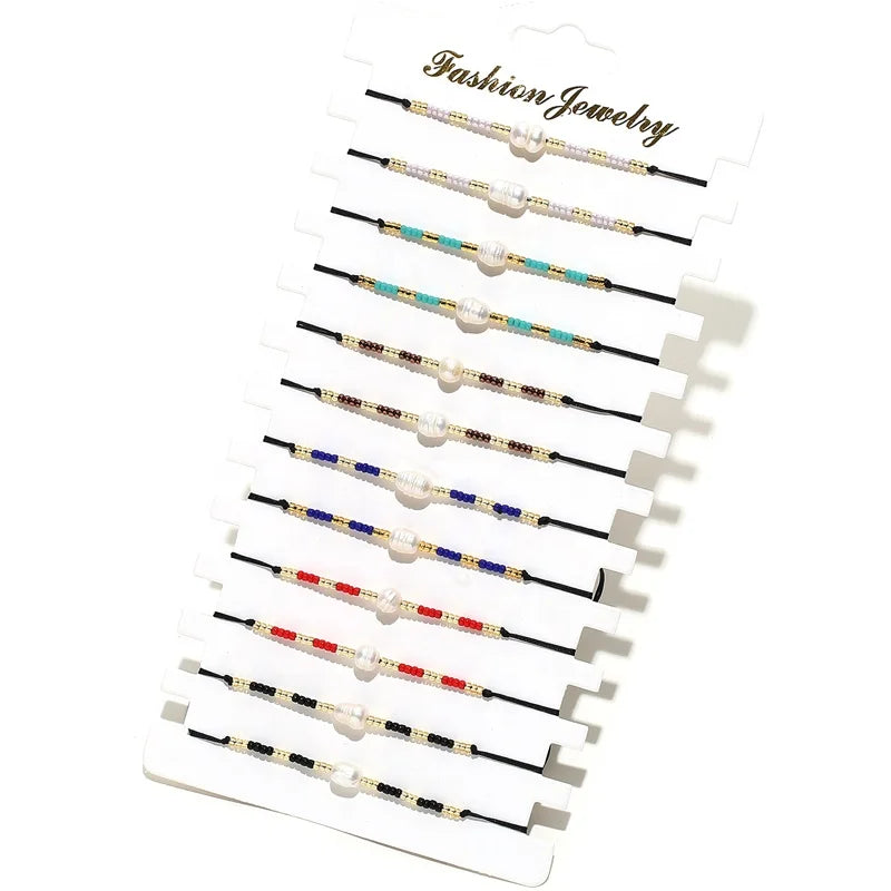 Fashion 12pcs/set Popular Handmade Baroque Pearl Beads Adjustable Bracelet Set for Women Handmade Woven Rope Beads Bracelet Set