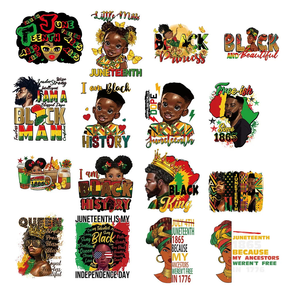 Black Man Afro Girl Iron on Stickers Custom Ready to Press Juneteenth 1865 Heat Transfer Designs for T Shirts Jeans Bags Hats