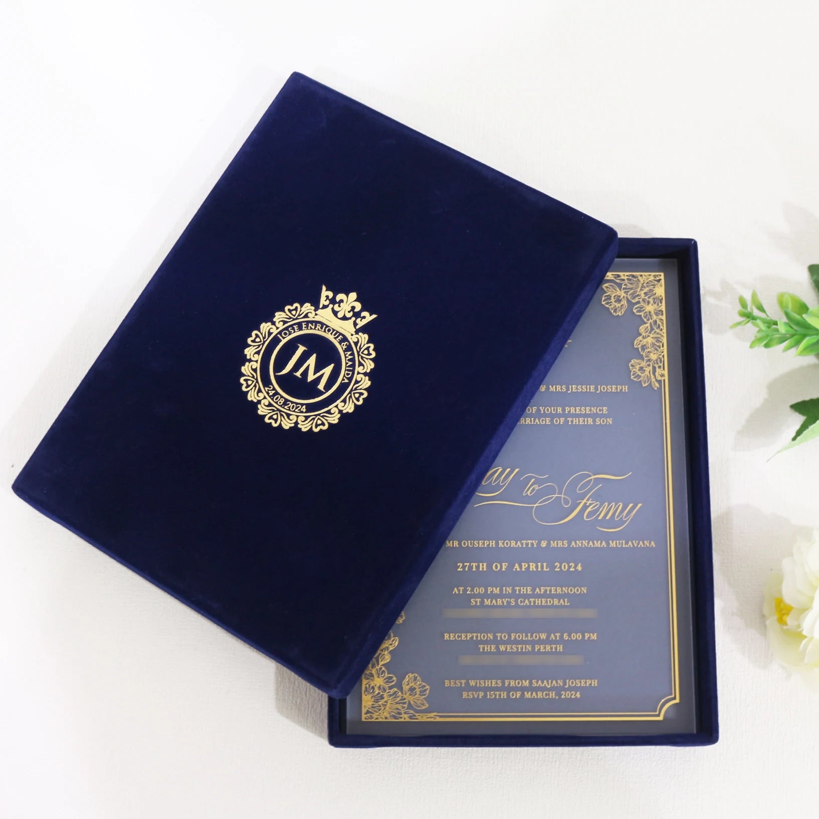 Custom Frosted Acrylic Invitations Wedding Luxury Gold Foiling Initials Logo Navy Blue Velvet Hardcover Box