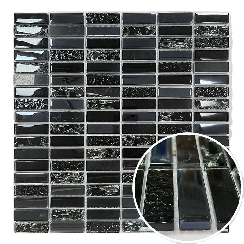 Strip Crystal Ice Crackle Tile Glass Mosaic Black Transparent Decor for Modern Interior Walls Hotel Bathroom Wall Tile Types