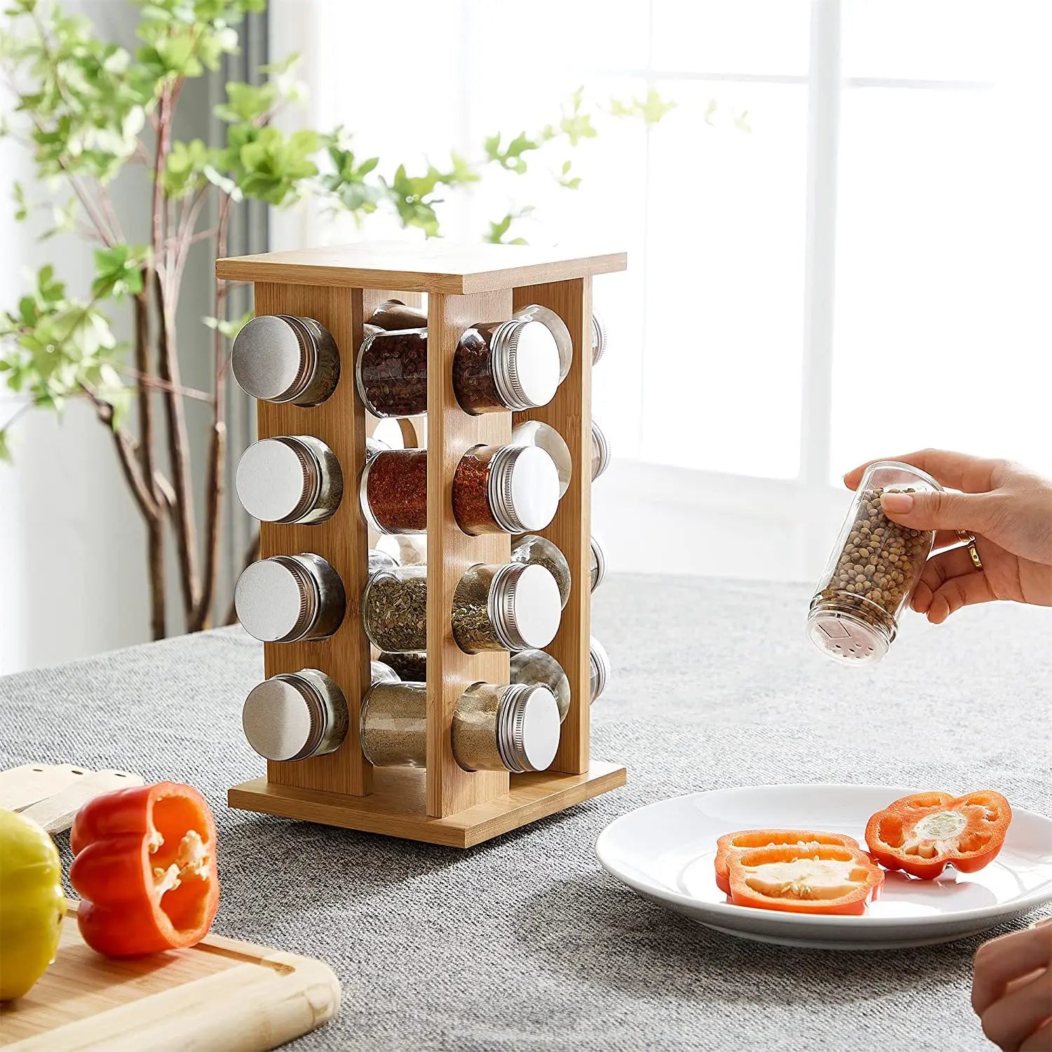 Bamboo Three-Layer Revolving Countertop Spice Rack Set with Non-Folding Storage