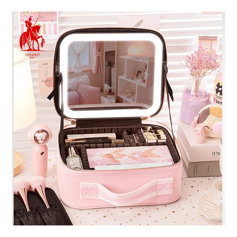 Factory Wholesale Large Capacity Professional  Travel Portable Organizer  Cosmetic Makeup Bag with Led Mirror