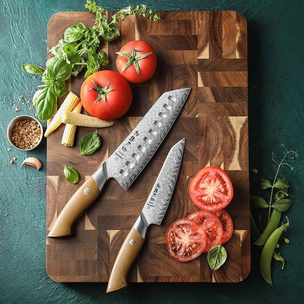 HEZHEN New Damascus Steel Santoku Utility Knife Set Sharp Kitchen Chef Knives Linen Micarta Handle