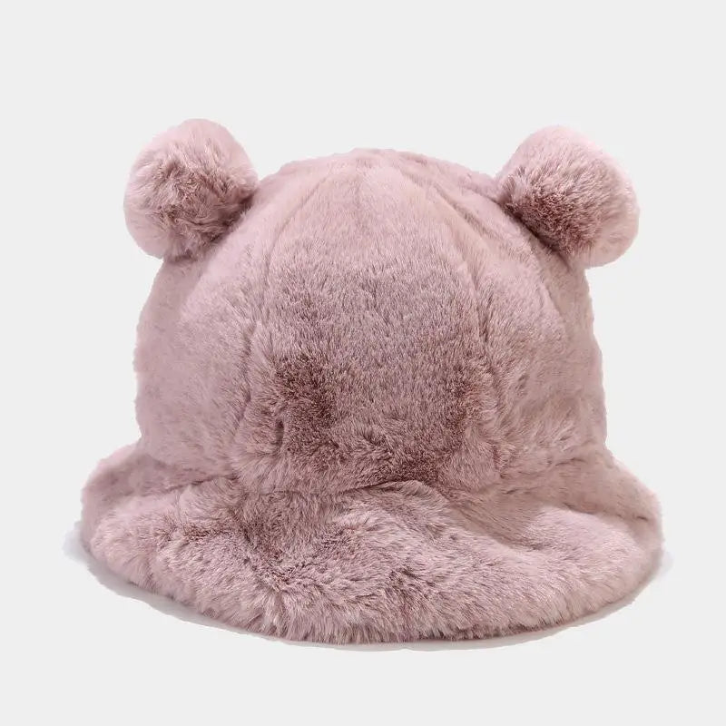 Custom Designed Faux Fur Bucket Hat with Ears Cute Worm Pattern Women's Winter Fuzzy Casual Fishing Hat