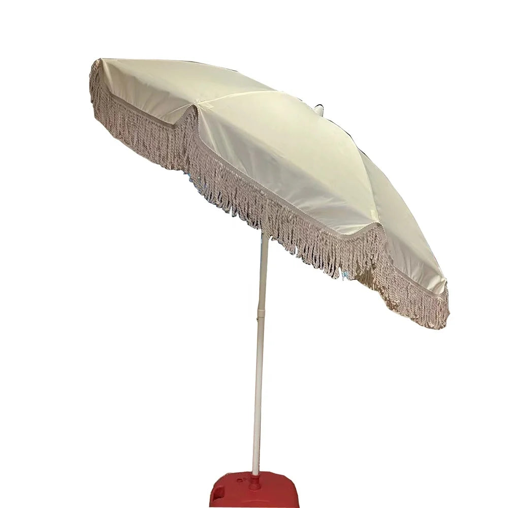 Outdoor Tropical Stainless Steel Macrame Beach Umbrella with Fringe for Hotel & Park Use