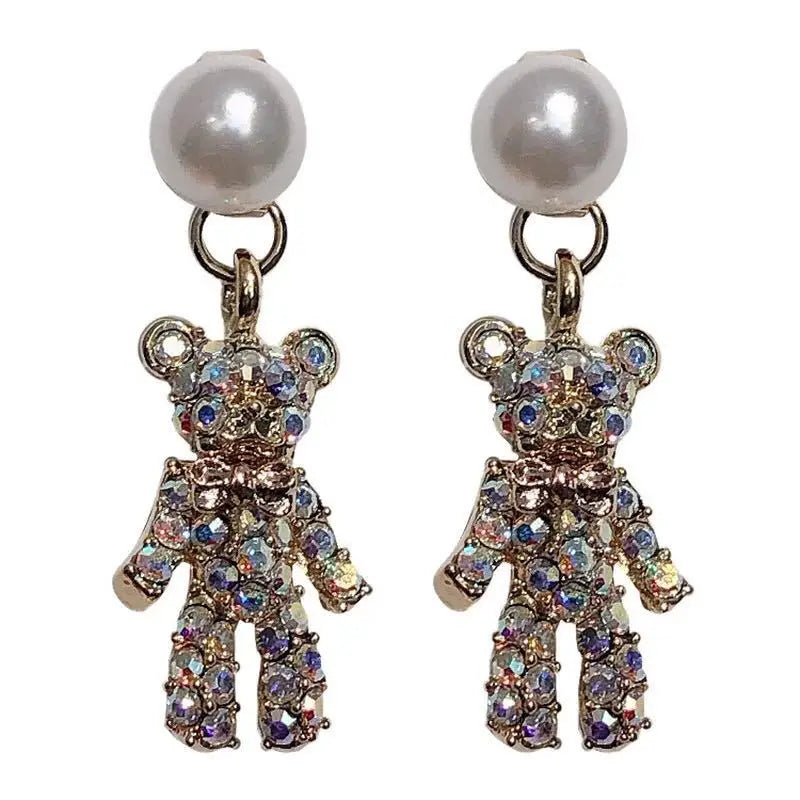 Pendientes De Oso Lovely Ctue Pearl Bear Earrings Full Diamond Crystal Bear Stud Earrings for Women