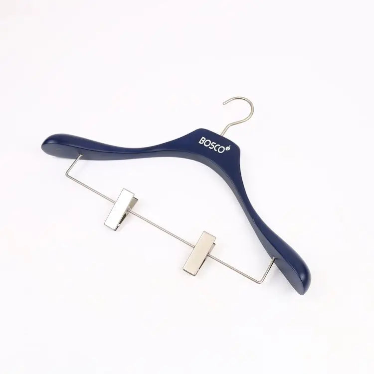 Wholesale Custom Boutique Wooden Display Clothing Hanger Blue Trouser Hanger With Clip