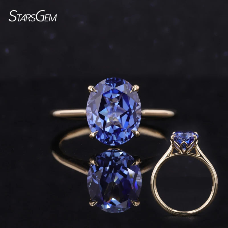 18K Soild Yellow Gold 9x11mm Oval Shape Lab Cornflower Blue Sapphire Gemstone Solitaire Engagement Ring