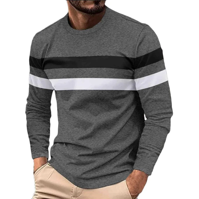 New Trend Men's Fashion Pure Cotton Oversized Long Sleeve Color Stitching Round Neck T-shirt