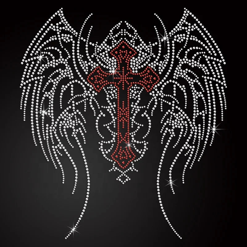 Custom Design Small OEM  Religious Ruby Wing Cross Iron on Rhinestone Motif  Iron-on Rhinestone Transfer for Rhinestone Hoodie
