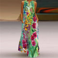 Women's Sexy Sleeveless V-Neck Digital Printing Dress with Large Pocket Eco-Friendly Washable Natural Waistline Long Skirt