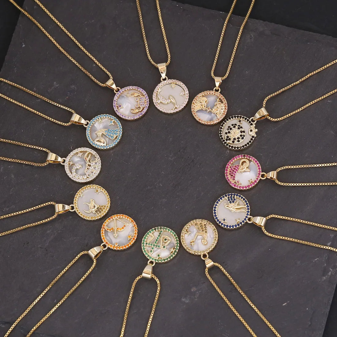 Trendy Zodiac Necklace Horoscope Zodiac Sign Necklaces Gold Plated 12 Constellation Zircon Shell Pendant Zodiac Necklace