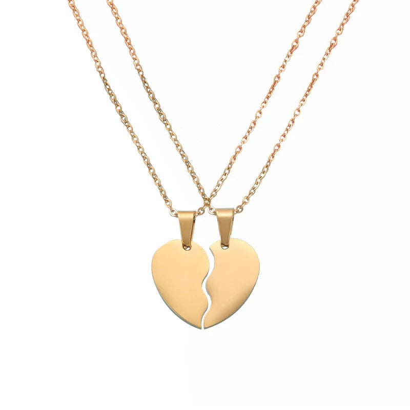 Gold Plated Stainless Steel Half Heart Puzzle Necklace Engravable Blanks for Romantic Best Friends or Couples Link Chain