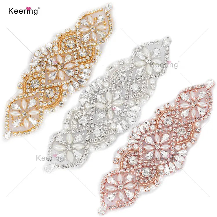 New Designer Ideas Sliver Rhinestone Claw and Pearl Appliques and Trimmings Rhinestone for Dress Belt Sash WRA-491