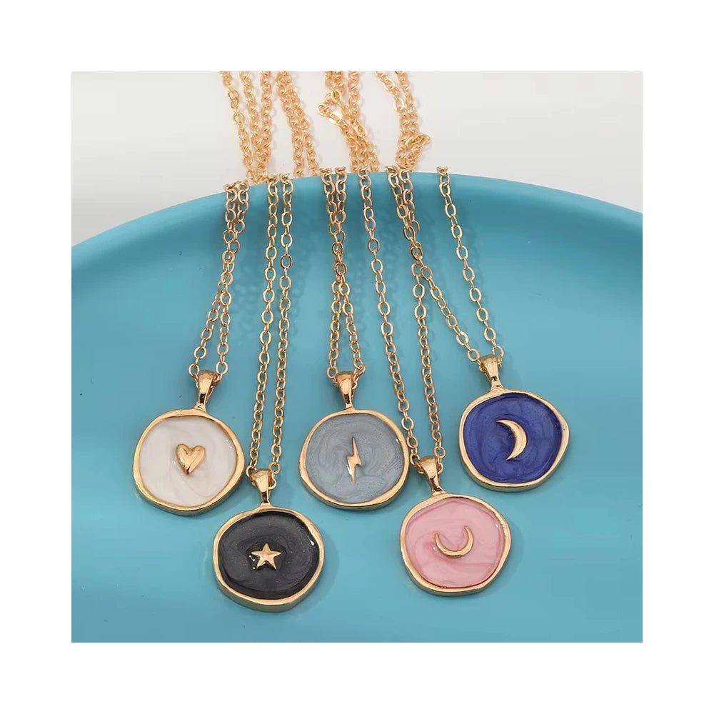 Risingmoon Exquisite Party Gift Alloy Pendant  Enamel Heart Star Moon Flashing Lightning Necklace
