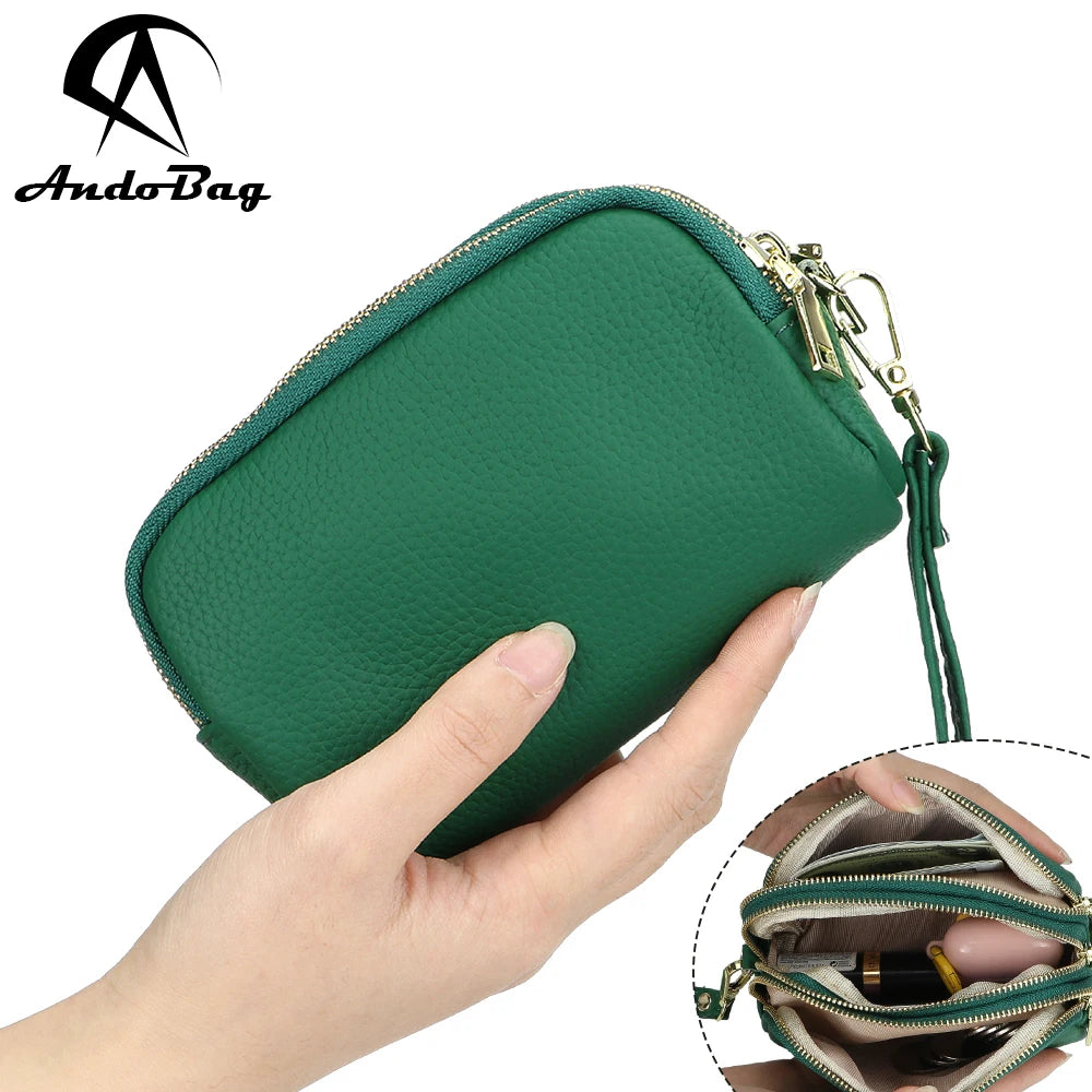 AndoBag Genuine Leather Coin Purse Portable Multi-layer Zipper Card Holder with Wristbands Perfect Clutch for Daily Use 1609